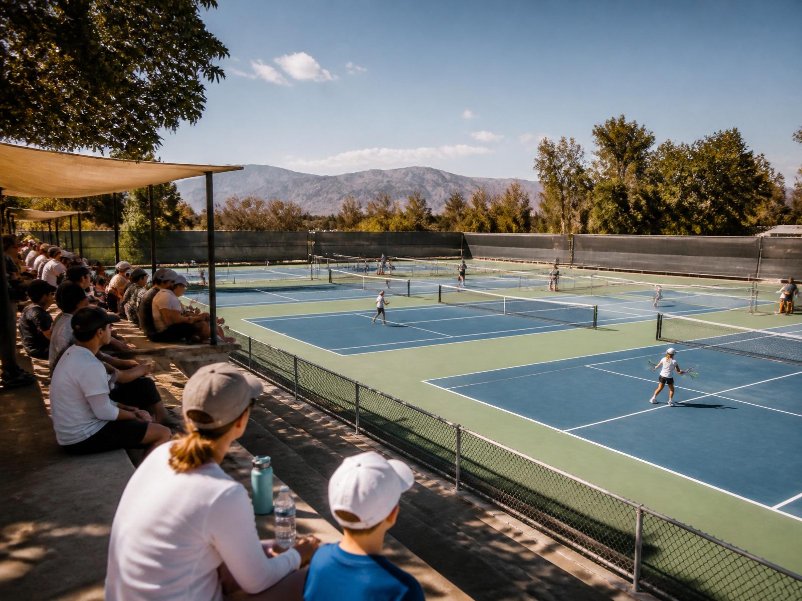 Junior players mid-match on a sunny outdoor tennis complex, parents watching from shaded benches