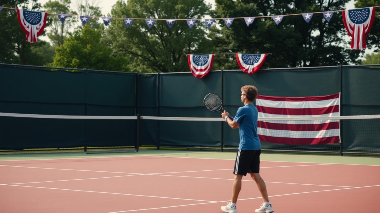Outdoor court with American flag bunting on the fence, patriotic atmosphere
