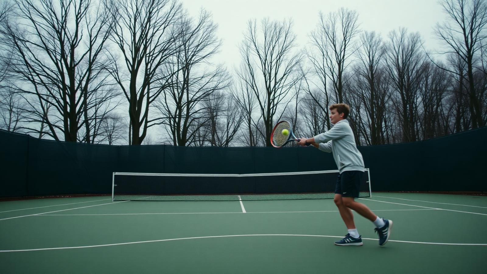 Junior player on an outdoor court in cool weather with bare trees behind