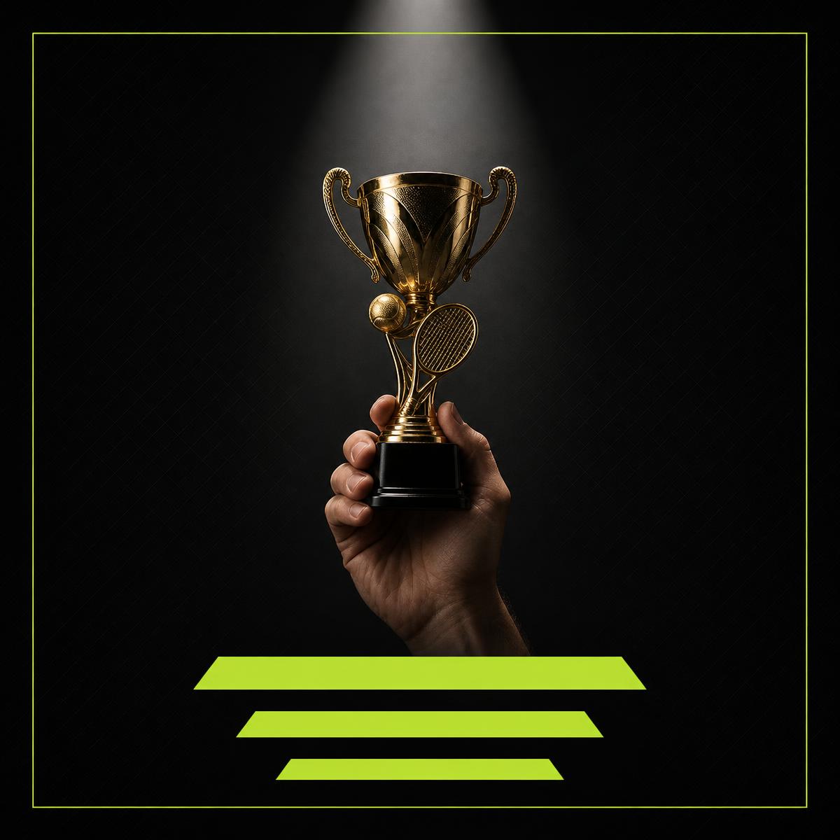 Winner post mockup: silhouette of a junior player raising a trophy overhead, lime frame on a dark background